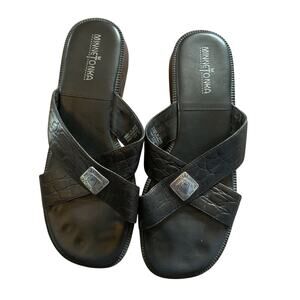 Minnetonka Women's Size‎ 8 Black Leather Criss Cross Slide Sandal Slip On Casual